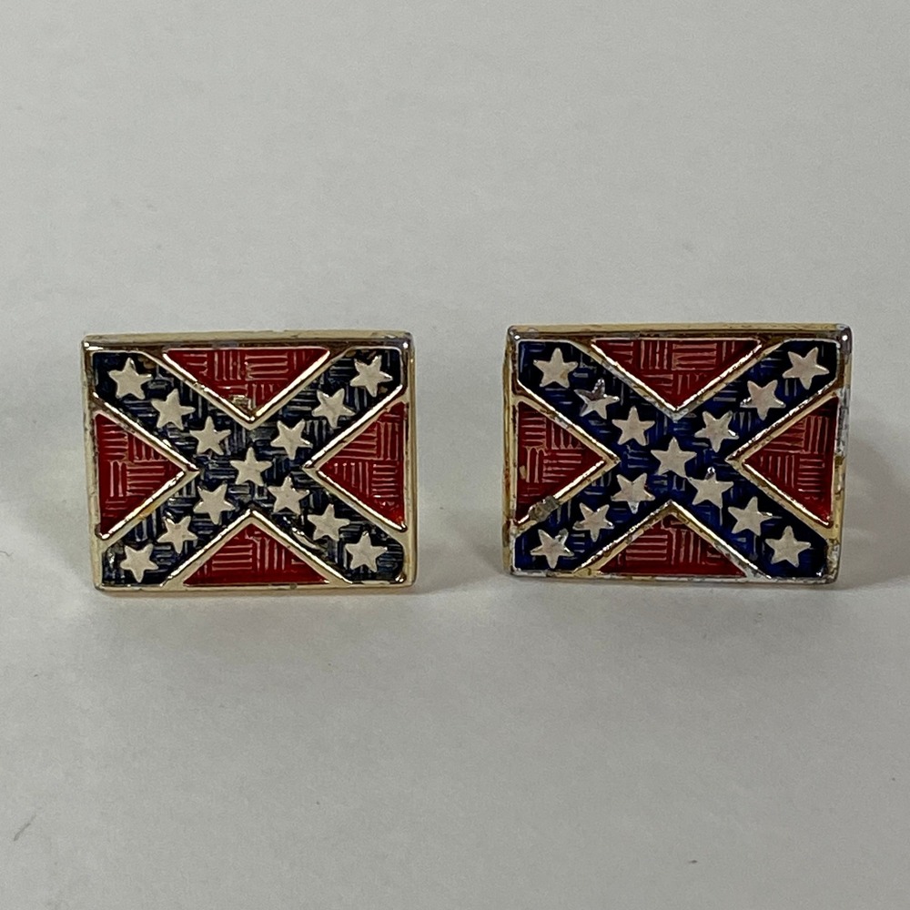 Vintage Tara Gold Tone Enamel Southern Flag Clip On Earrings Red White Blue